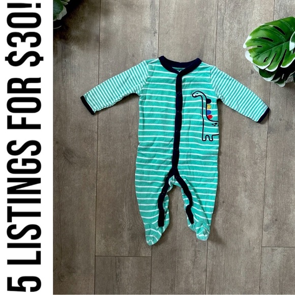 Carter’s Vibrant Dinosaur Footies One-Piece Sleep & Play baby boy Green Striped - Picture 1 of 9